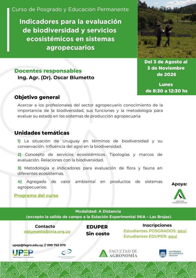 Indicadores para la evaluación de biodiversidad y servicios ecosistémicos en sistemas agropecuarios